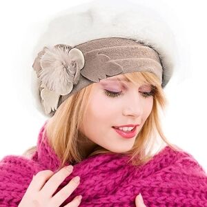 Women's French Beret Wool Floral Dress Beanie Winter Hat - One Size- Cream